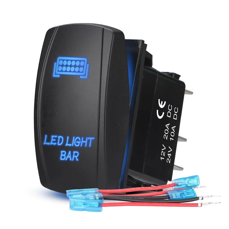 Weasch LED Light Bar Rocker Switch, Laser On/Off SPST 5Pin Waterproof, 20A/12V 10A/24V, with Jumper Wires for Automotive Marine Truck Jeep, Blue - Image 1